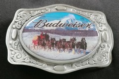 BUDWEISER BEER DRAFT HORSES SLEIGH COLORED PICTURE LICENSED BELT BUCKLE 2006