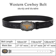 Mens-Western-Cowboy-Belt – Longhorn-Bull-Pattern Fit Waist 31-34 in Black