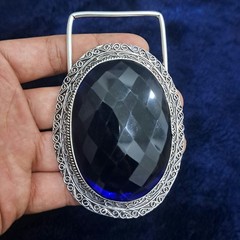 Blue Faceted Glass Gemstone Belt Buckle Handmade Vintage Style Silver Tone