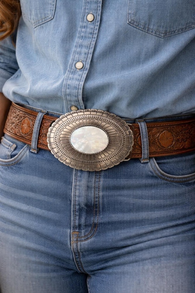 Genuine Mother of Pearl Shell Belt Buckle Silver Engraved Oval Fits 1.5 Belt