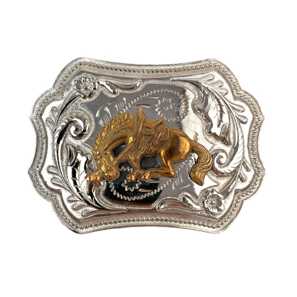 Western Belt Buckle 3D Silver Gold Tone Bucking Bronco Engraved