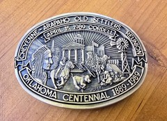 ​1989 Cheyenne Arapaho Settlers Reunion Oil Rig Brass Belt Buckle Gas Cordel OK