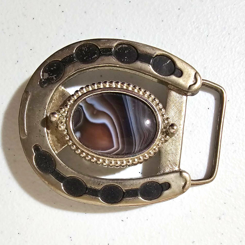 Western Horseshoe Belt Buckle Silver Tone Metal w/ Oval Agate Stone