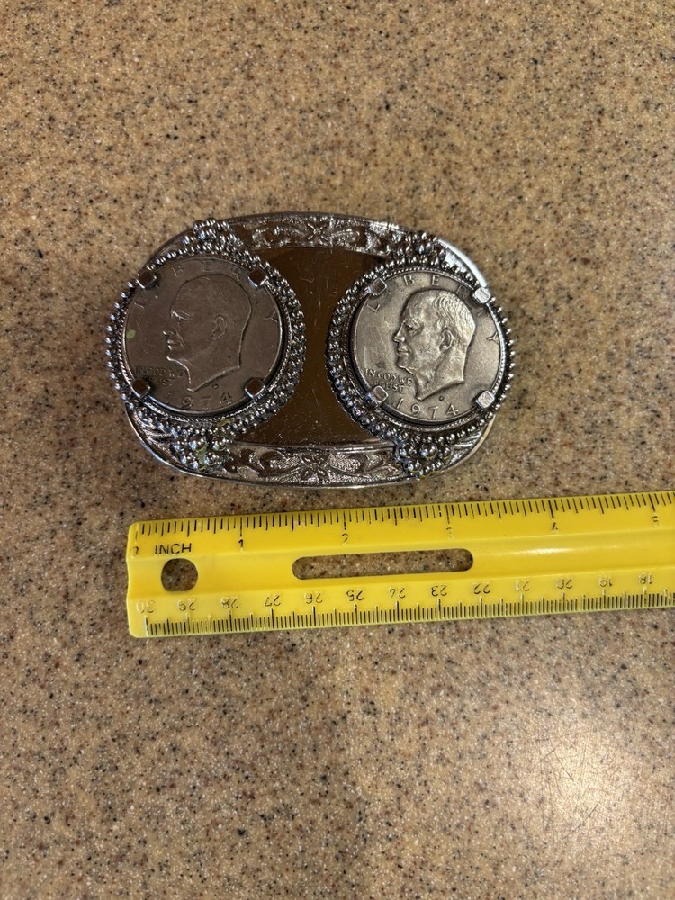 DOUBLE SILVER DOLLAR COINS BELT BUCKLE 1974 Shiny Beautiful