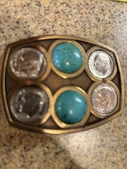 Vintage Coin Dimes Belt Buckle ‘67, ‘68, ‘72, ‘76 Turquoise And Copper Inlay