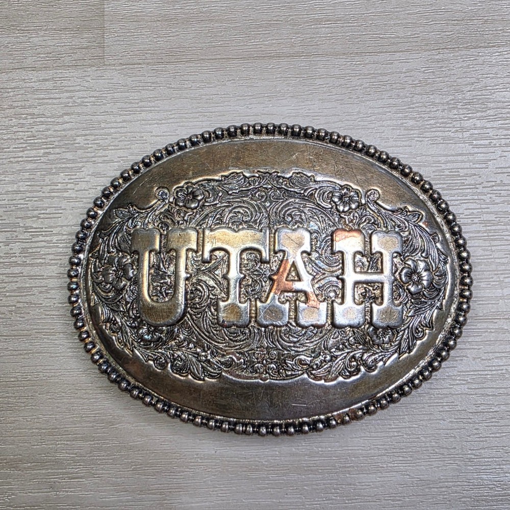 Vintage Utah Belt Buckle Silver Tone Floral Scroll Swirl Western Oval