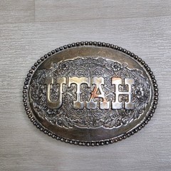 Vintage Utah Belt Buckle Silver Tone Floral Scroll Swirl Western Oval
