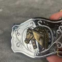 Vintage Western Horse Head Belt Buckle Silver Tone Floral Engraved Two Tone Mens