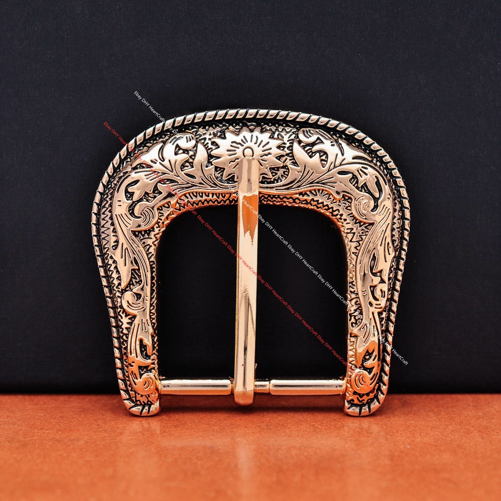 Heavy Gold Western Cowboy Belt Buckle 3 Piece Set Floral Carved Unisex 1-1/2&Prime;