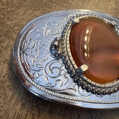 Beautiful Vintage Belt Buckle Silvertone w Polished Stone 3.50&Prime; x 2.3/8&Prime;