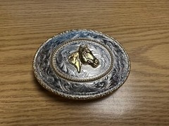 Western Belt Buckle, Justin Silver Trophy Belt Buckle, Motif: Horse Head
