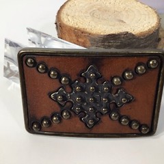 Brass Leather & Studs Belt Buckle~Brown/ Gold Handcrafted ~UNIQUE ~FREE SHIPPING