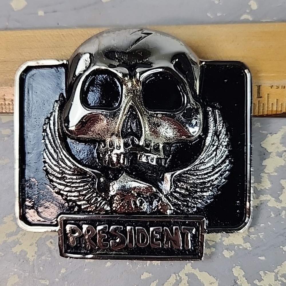 President Silver/Black Skull And Eagle Belt Buckle Motorcycle Goth Punk NOS