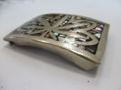 vintage 1970s SILVER PLATE ABALONE SHELL cannabis marijuana LEAF BELT BUCKLE