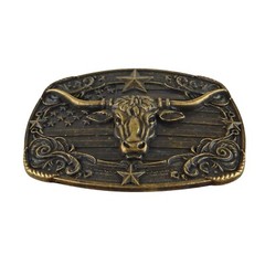 American Flag Longhorn Steer Star Belt Buckle Antique Bronze Fits 1.5 inch Belts