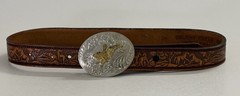VTG Montana Silversmiths Bull Rider Buckle w/ Brushy Creek Leather Belt 28
