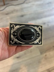 Western Black Onyx Stone Belt Buckle Silver Engraved Cowboy Rodeo Style