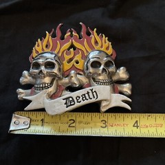 Skulls And Crossbones With Red And Yellow Flames ‘DEATH’ Belt Buckle Biker Goth