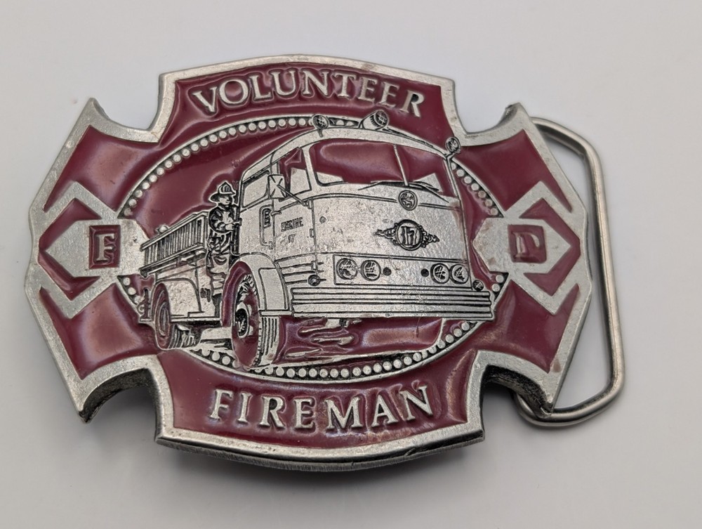 Vintage 1979 Volunteer Fireman Belt Buckle Pewter Red Enamel Engine 17