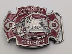 Vintage 1979 Volunteer Fireman Belt Buckle Pewter Red Enamel Engine 17