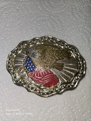 VTG Crumrine American Eagle Flag Belt Buckle Heavy Silver Plate/Bronze USA Shiny