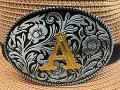 Antiqued Silver Gold Initial A Oval Western Cowboy Floral Vine Belt Buckle