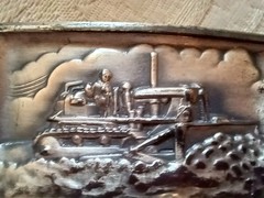 Neat Vintage Metal Caterpillar Tractors Belt Buckle w Farmer in Field 2×3&Prime; USA