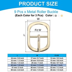 9Pcs 1&Prime; Single Prong Metal Roller Pin Belt Buckles Black/Silver/Light Gold
