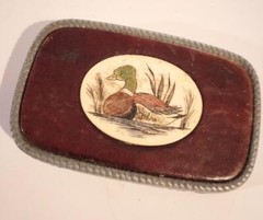 Vintage Hand Colored Duck Engraved Faux Scrimshaw & Leather Brass Belt Buckle