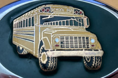 Vintage SCHOOL BUS Belt Buckle Chrome Black Background Raised Element Yellow Bus
