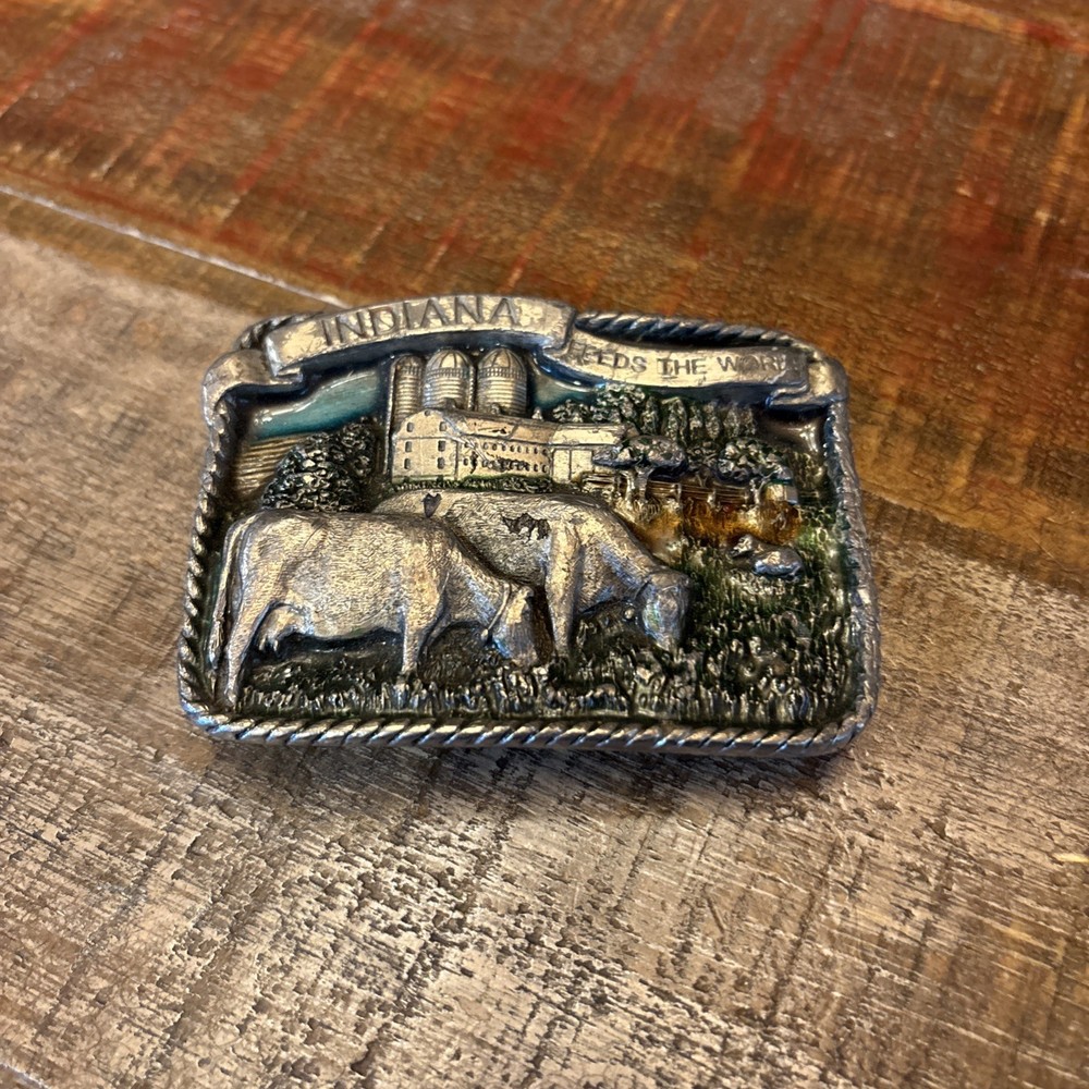 Vtg Bergamont Brass Belt Buckle 1984 Indiana Feeds the World E-26 USA READ