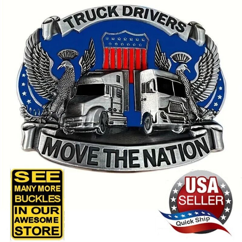 ‘Truckers Move The Nation’ • Double Eagle Western 3D Belt Buckle • Blue Enamel