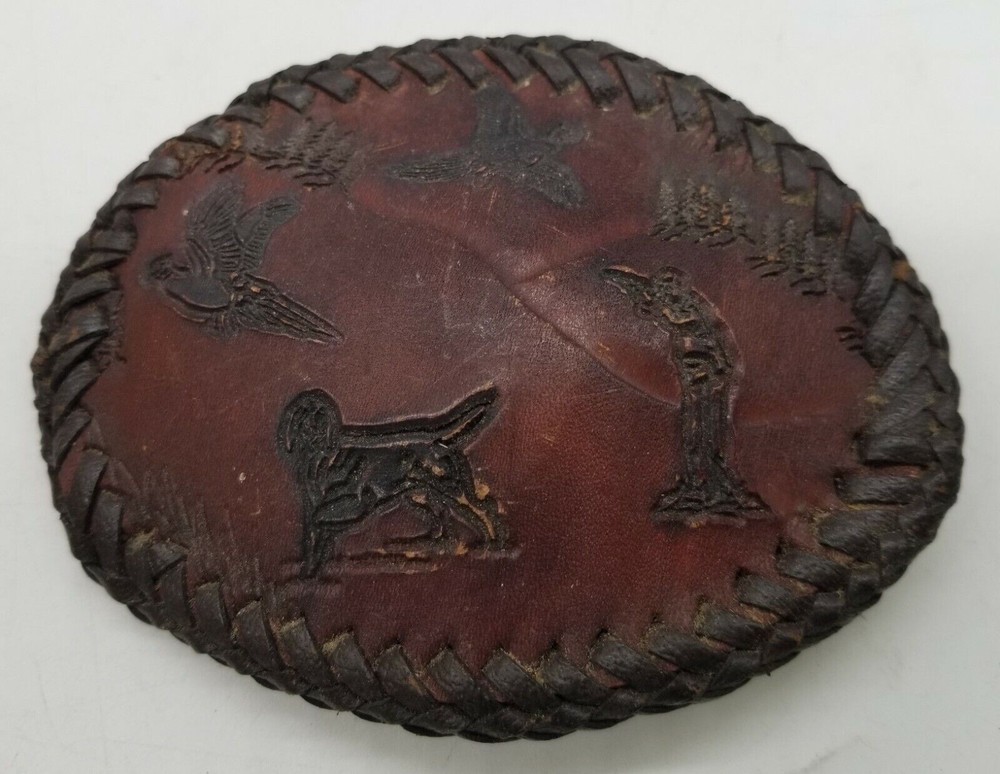 Handmade Handtooled Leather Belt Buckle – Game Bird Pheasant Hunting Bird Dog