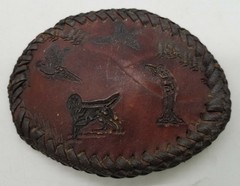 Handmade Handtooled Leather Belt Buckle – Game Bird Pheasant Hunting Bird Dog
