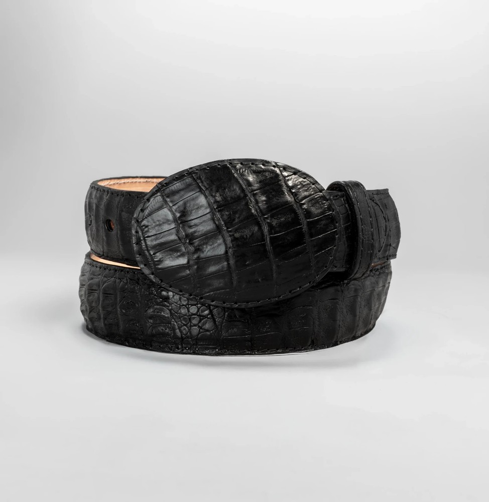 Men’s Caiman Original Exotic Leather Cowboy Belt 1.5&Prime; Oval Buckle – Black