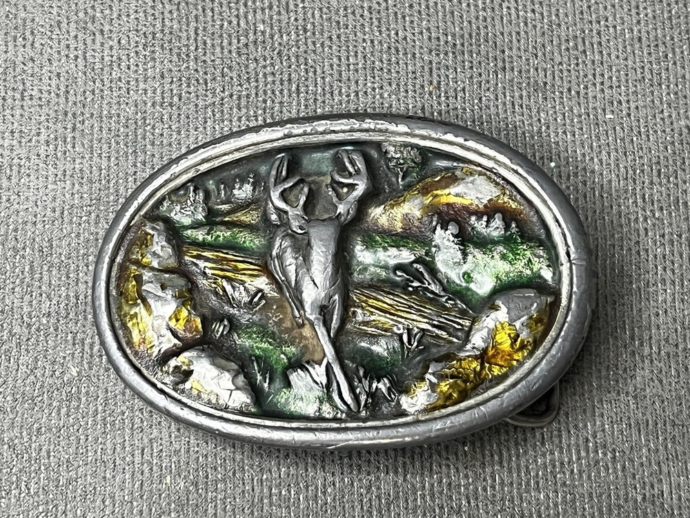 VTG Belt Buckle Bergamot 1983 Deer Buck Hunting Forest Enamel Colors Has Wear