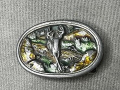 VTG Belt Buckle Bergamot 1983 Deer Buck Hunting Forest Enamel Colors Has Wear