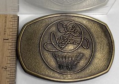 Vintage Western Belt Buckle Circle The Wagon Cowboy Rustic Pioneers Signed RJ
