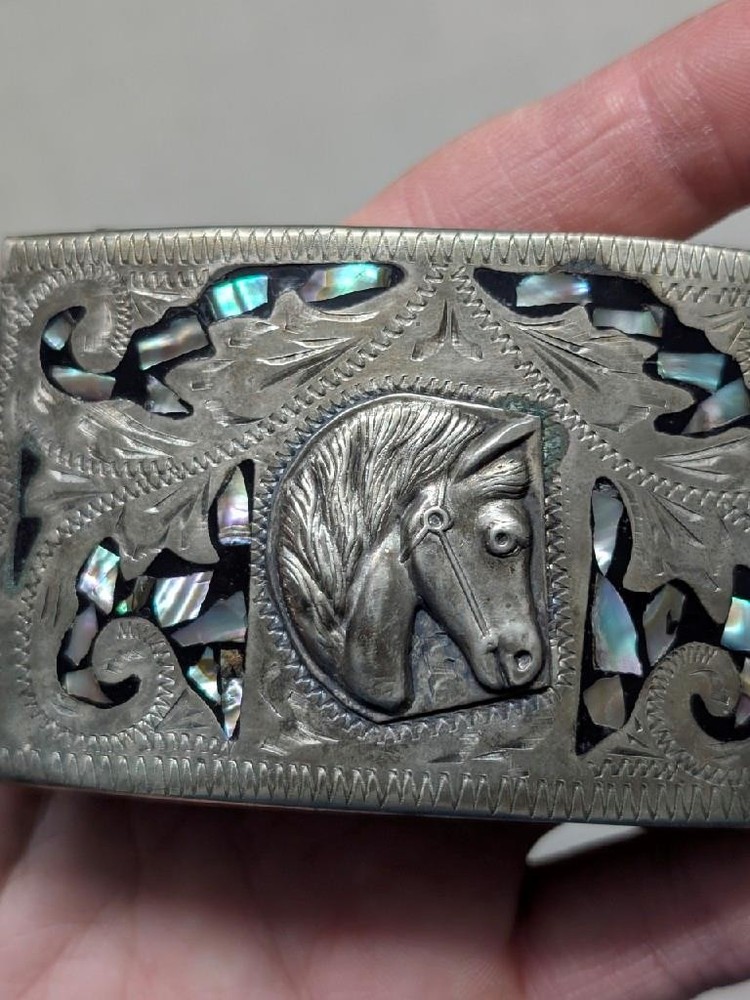 vintage WESTERN buckle belt HANDCRAFTED german silver ALPACA abalone HORSE