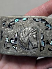 vintage WESTERN buckle belt HANDCRAFTED german silver ALPACA abalone HORSE