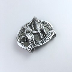 Antique Silver Rodeo Steer Wrestling Western Belt Buckle Boucle de Ceinture