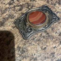 Western Belt Buckle Wood Cabochon Goldtone Metal Black Background Leaf 3.5 X 2.5