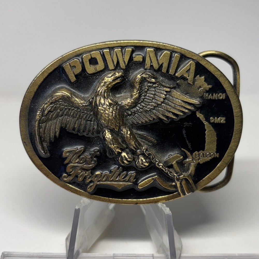 Military Belt Buckle POW MIA Eagle Great American #1822 USA Black Gold Vintage