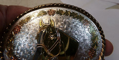 HORSE HEAD 3 Color Flower Belt Buckle Marked W USA 3.75&Prime; x 2.75&Prime; 1.5&Prime;belt