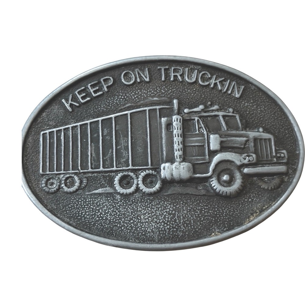 Keep On Truckin Semi Truck Belt Buckle Pewter Tone Oval Men Accessory