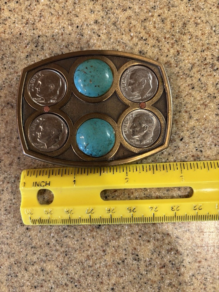 Vintage Coin Dimes Belt Buckle ‘67, ‘68, ‘72, ‘76 Turquoise And Copper Inlay