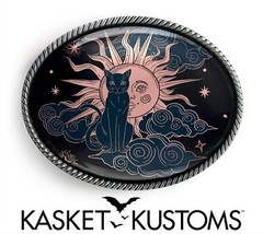 Mystic Cat Belt Buckle – Dark Celestial Sun & Stars Handmade Silver Buckle – 19
