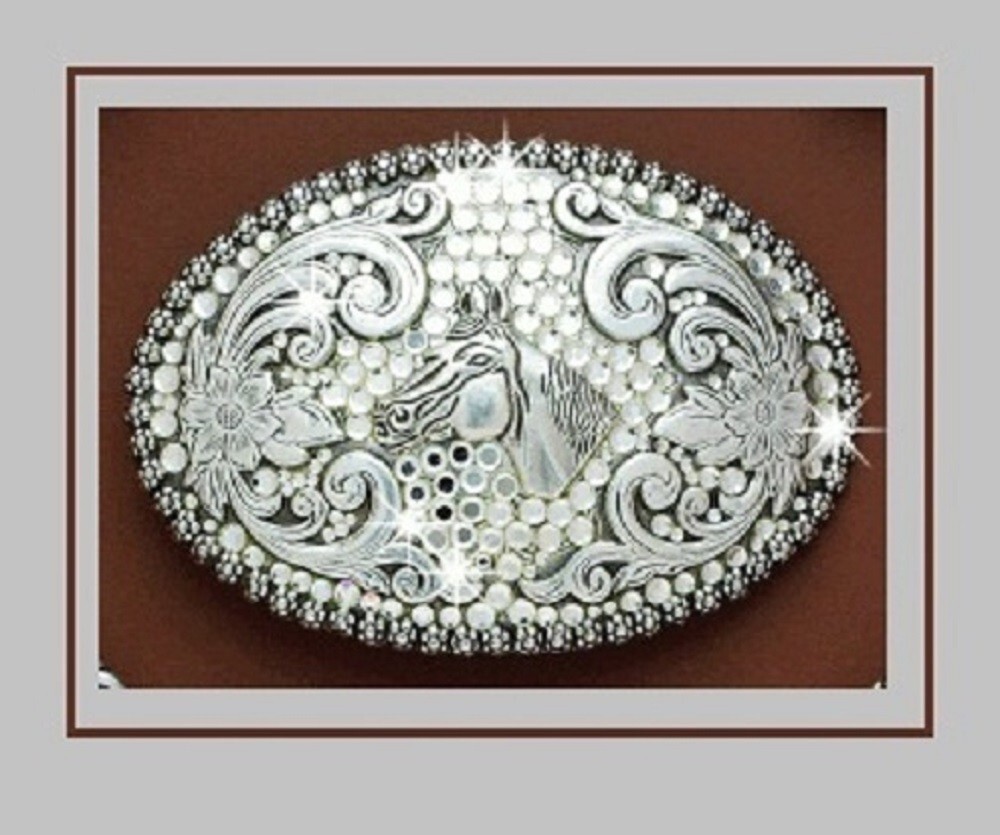 CRYSTAL HORSE ~Western Belt Buckle~ Horsehead Mustang Silver Cowgirl 37536