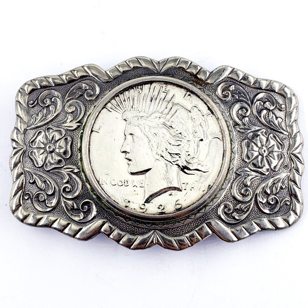 NICKEL SILVER BELL Vintage 1926 Morgan Dollar Coin Ornate Belt Buckle 3.25×1.25&Prime;