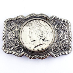 NICKEL SILVER BELL Vintage 1926 Morgan Dollar Coin Ornate Belt Buckle 3.25×1.25&Prime;